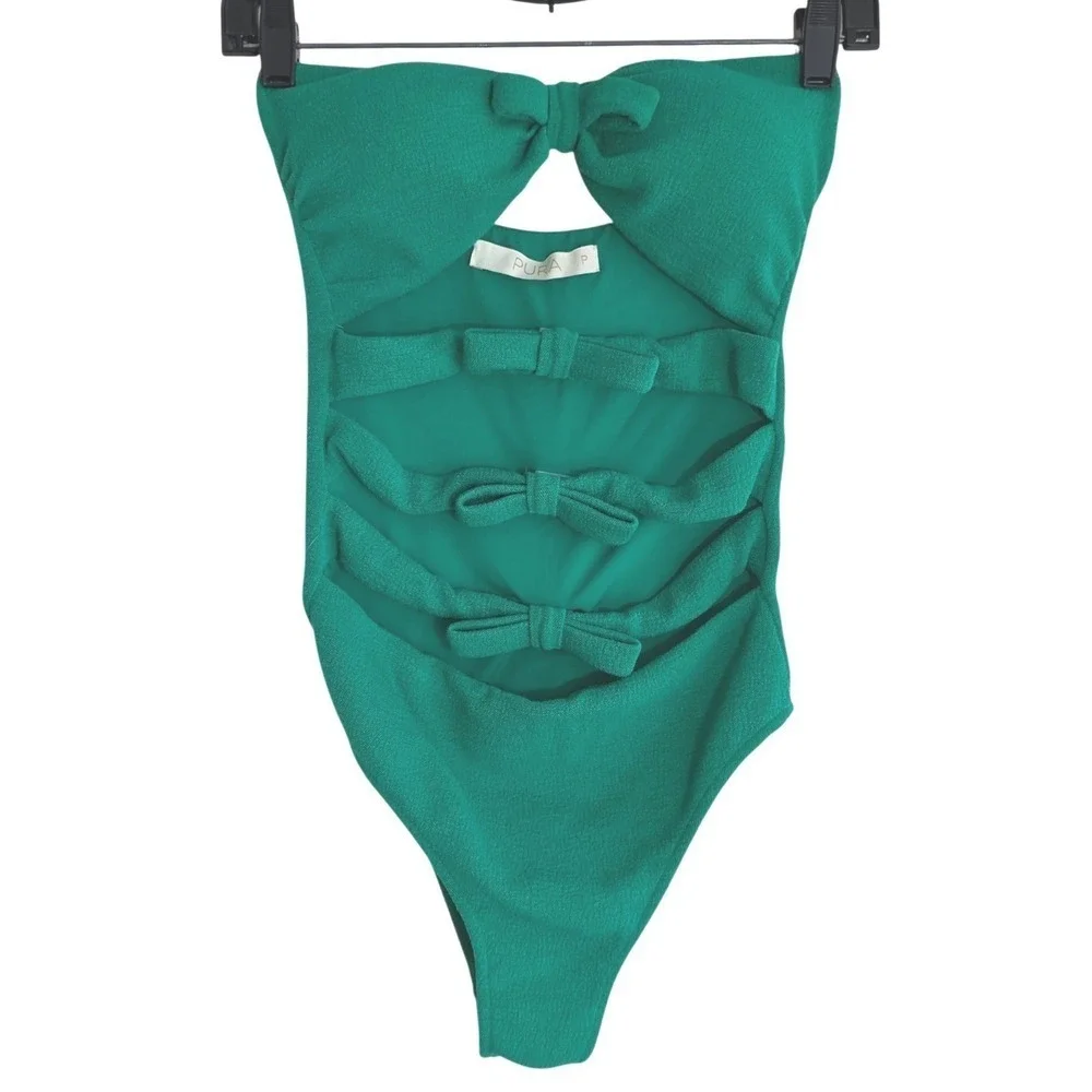 Pura Swimsuit Set Women P Green Bow Cutout Bandeau One Piece & Shorts Stretch